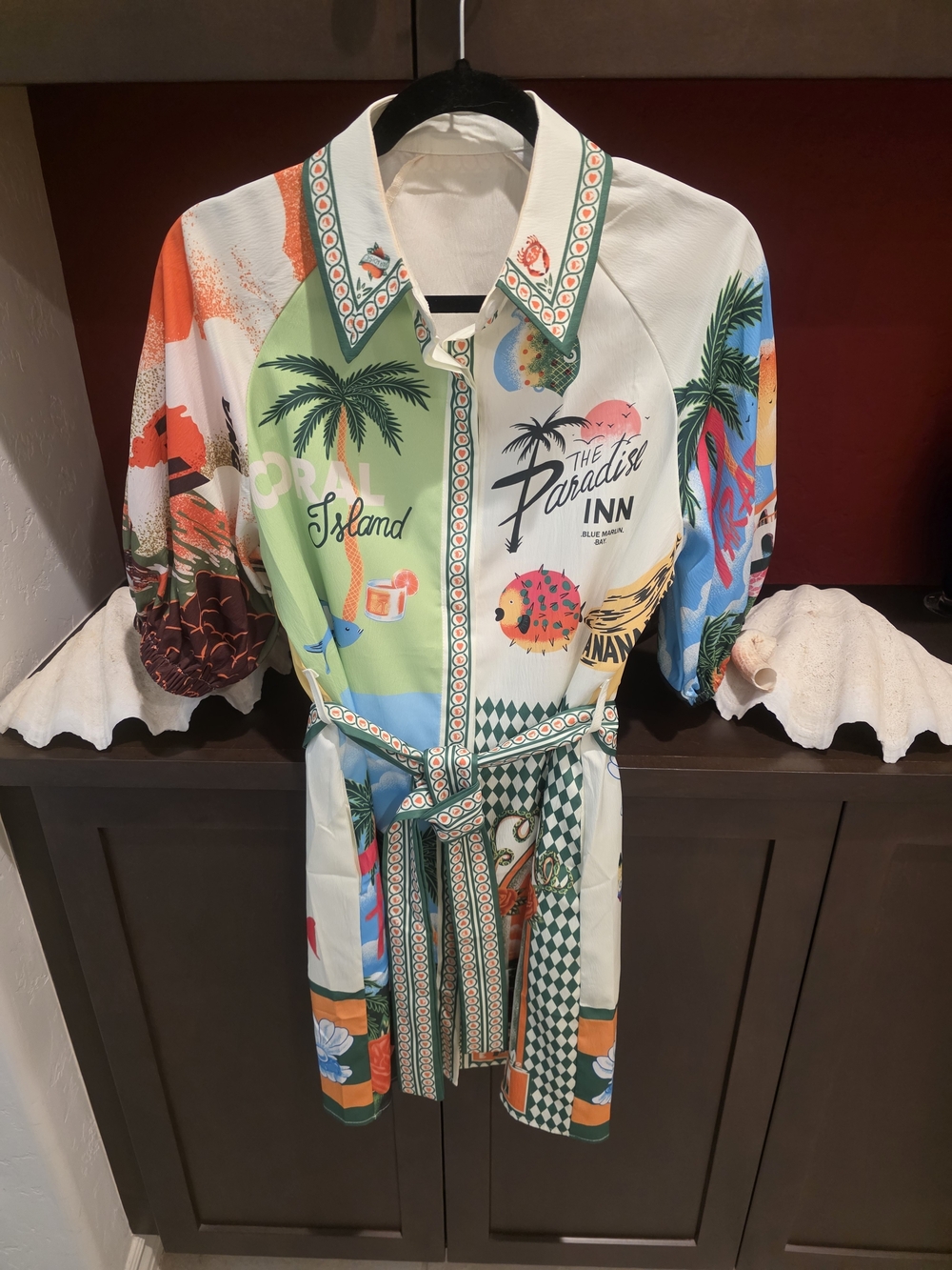 Paradise Inn Tropical Print Button-Front Dress - Green Multi
